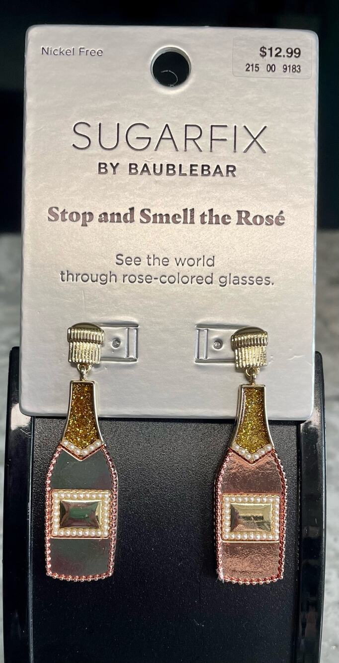 Sugarfix Baublebar Stop and Smell the Rose pink wine bottle drop earrings NWT